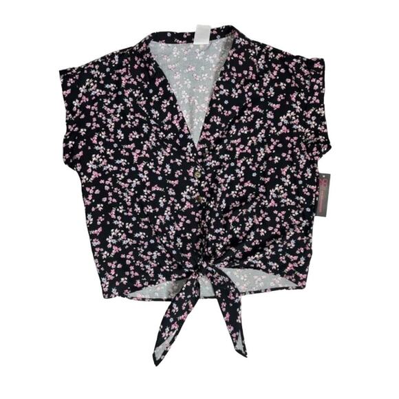 Nobo Womans Size S Top Short Sleeve Floral Multicolor Black Blouse Front Tie Top - Picture 7 of 7